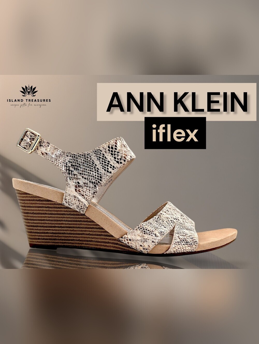 Anne Klein Iflex Sz 10M Gold&Silver Snake Print Wedge Sandals Silver Buckles